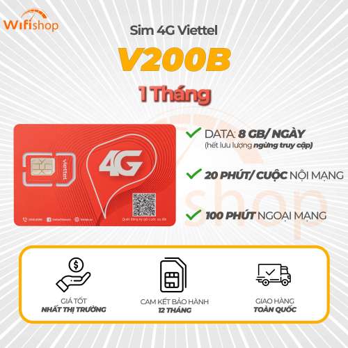 Sim Viettel V200B 8GB/Ngày (240GB/Tháng), Miễn phí nội mạng, 100 phút ngoại mạng