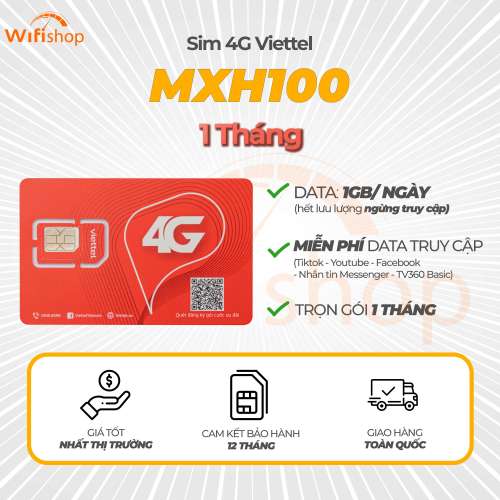 Sim Viettel MXH100 1GB/Ngày, Miễn phí YouTube, Facebook, Tiktok, Messenger